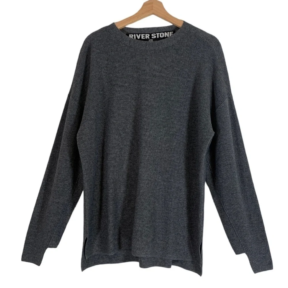 River Stone Rib Knit Crewneck Sweater In Charcoal Gray Size Large